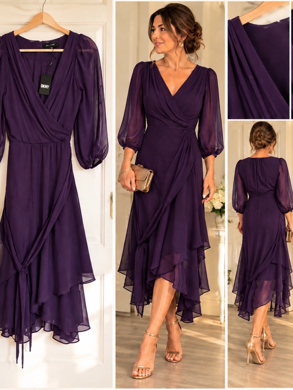 DKNY Purple Chiffon Wrap Midi Dress Size 12 NWT